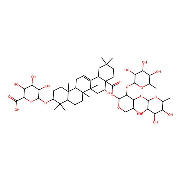 2D Structure of 3,4,5-Trihydroxy-6-[[8-hydroxy-8a-[5-hydroxy-3,4-bis[(3,4,5-trihydroxy-6-methyloxan-2-yl)oxy]oxan-2-yl]oxycarbonyl-4,4,6a,6b,11,11,14b-heptamethyl-1,2,3,4a,5,6,7,8,9,10,12,12a,14,14a-tetradecahydropicen-3-yl]oxy]oxane-2-carboxylic acid
