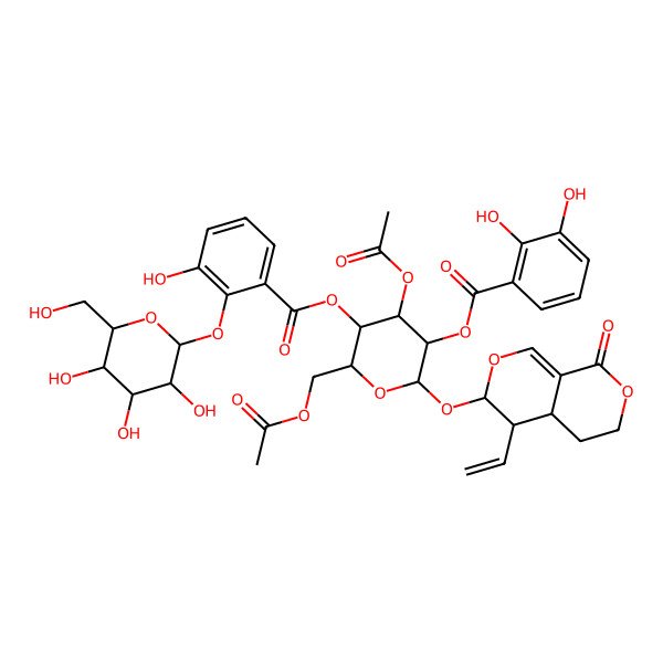 2D Structure of [(2R,3S,4R,5S,6S)-4-acetyloxy-6-(acetyloxymethyl)-2-[[(3R,4S,4aS)-4-ethenyl-8-oxo-4,4a,5,6-tetrahydro-3H-pyrano[3,4-c]pyran-3-yl]oxy]-5-[3-hydroxy-2-[(2R,3S,4R,5R,6S)-3,4,5-trihydroxy-6-(hydroxymethyl)oxan-2-yl]oxybenzoyl]oxyoxan-3-yl] 2,3-dihydroxybenzoate