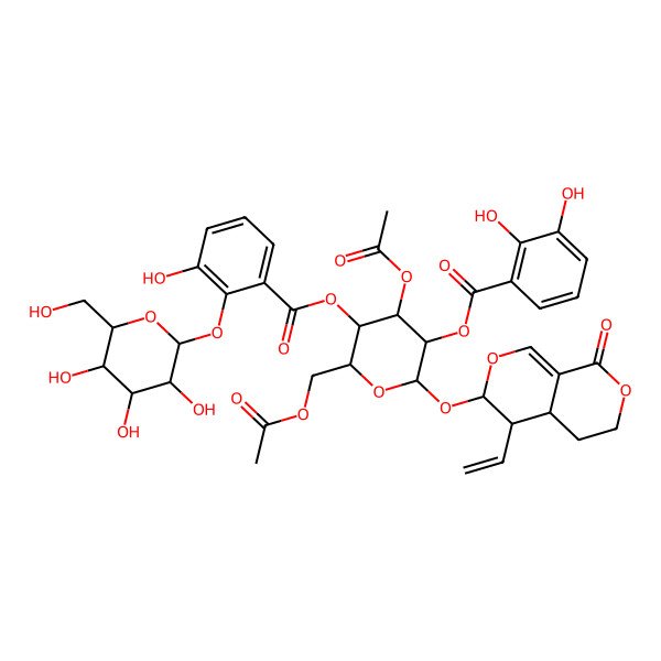 2D Structure of [(2R,3S,4R,5S,6S)-4-acetyloxy-6-(acetyloxymethyl)-2-[[(3R,4S,4aS)-4-ethenyl-8-oxo-4,4a,5,6-tetrahydro-3H-pyrano[3,4-c]pyran-3-yl]oxy]-5-[3-hydroxy-2-[(2R,3S,4R,5R,6S)-3,4,5-trihydroxy-6-(hydroxymethyl)oxan-2-yl]oxybenzoyl]oxyoxan-3-yl] 2,3-dihydroxybenzoate