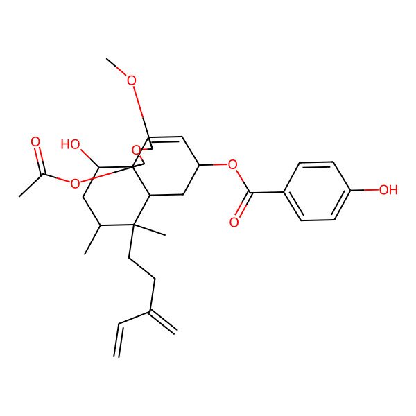 2D Structure of [(1S,3S,5S,6aS,7R,8R,10S,10aR)-1-acetyloxy-10-hydroxy-3-methoxy-7,8-dimethyl-7-(3-methylidenepent-4-enyl)-1,3,5,6,6a,8,9,10-octahydrobenzo[d][2]benzofuran-5-yl] 4-hydroxybenzoate