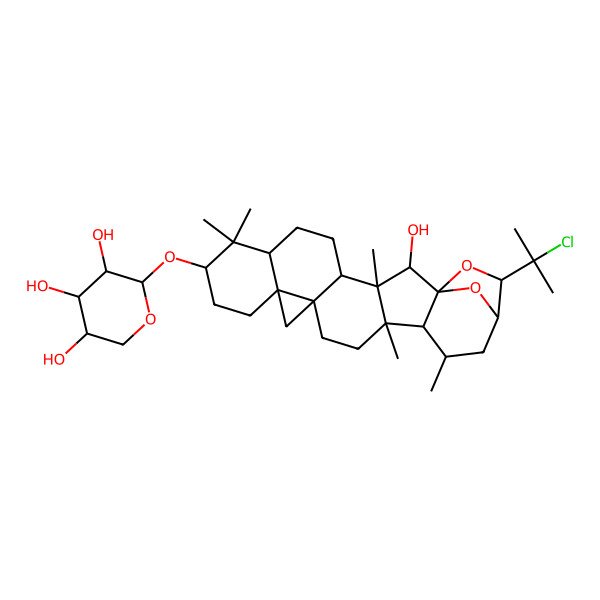 2D Structure of (2S,3R,4S,5R)-2-[[(1S,2R,3S,4R,7R,9S,12R,14S,17R,18R,19R,21R,22S)-22-(2-chloropropan-2-yl)-2-hydroxy-3,8,8,17,19-pentamethyl-23,24-dioxaheptacyclo[19.2.1.01,18.03,17.04,14.07,12.012,14]tetracosan-9-yl]oxy]oxane-3,4,5-triol