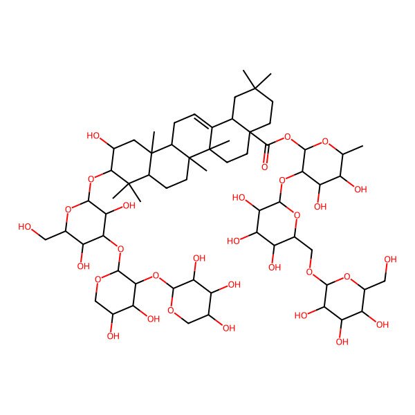 2D Structure of [4,5-Dihydroxy-6-methyl-3-[3,4,5-trihydroxy-6-[[3,4,5-trihydroxy-6-(hydroxymethyl)oxan-2-yl]oxymethyl]oxan-2-yl]oxyoxan-2-yl] 10-[4-[4,5-dihydroxy-3-(3,4,5-trihydroxyoxan-2-yl)oxyoxan-2-yl]oxy-3,5-dihydroxy-6-(hydroxymethyl)oxan-2-yl]oxy-11-hydroxy-2,2,6a,6b,9,9,12a-heptamethyl-1,3,4,5,6,6a,7,8,8a,10,11,12,13,14b-tetradecahydropicene-4a-carboxylate