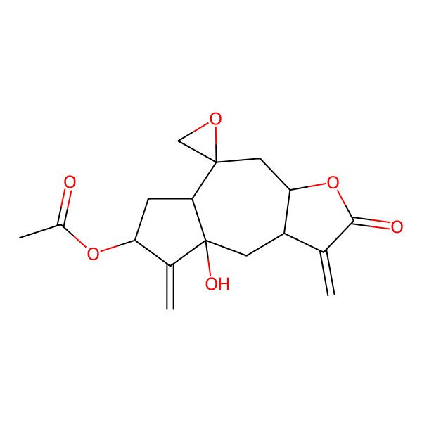 2D Structure of 4a-Hydroxy-3,5-dimethylidene-2-oxodecahydro-2h-spiro[azuleno[6,5-b]furan-8,2'-oxiran]-6-yl acetate