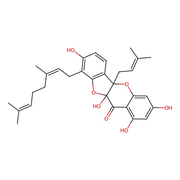 2D Structure of (5aR,10aS)-9-[(2E)-3,7-dimethylocta-2,6-dienyl]-1,3,8,10a-tetrahydroxy-5a-(3-methylbut-2-enyl)-[1]benzofuro[3,2-b]chromen-11-one