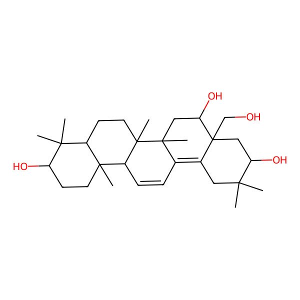 2D Structure of (3R,4aS,5R,6aR,6aS,6bR,8aR,10S,12aS)-4a-(hydroxymethyl)-2,2,6a,6b,9,9,12a-heptamethyl-1,3,4,5,6,6a,7,8,8a,10,11,12-dodecahydropicene-3,5,10-triol