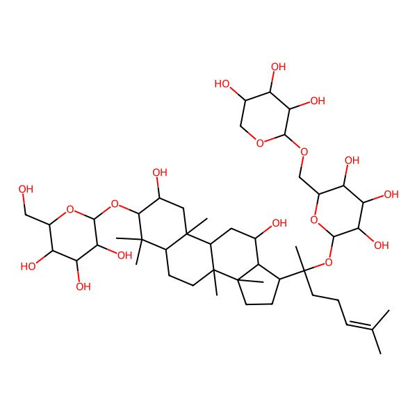 2D Structure of (2R,3S,4S,5S,6S)-2-[[(2R,3S,5S,8S,9R,10S,12R,13R,14R,17R)-2,12-dihydroxy-4,4,8,10,14-pentamethyl-17-[(2R)-6-methyl-2-[(2S,3R,4S,5R,6S)-3,4,5-trihydroxy-6-[[(2S,3R,4R,5R)-3,4,5-trihydroxyoxan-2-yl]oxymethyl]oxan-2-yl]oxyhept-5-en-2-yl]-2,3,5,6,7,9,11,12,13,15,16,17-dodecahydro-1H-cyclopenta[a]phenanthren-3-yl]oxy]-6-(hydroxymethyl)oxane-3,4,5-triol