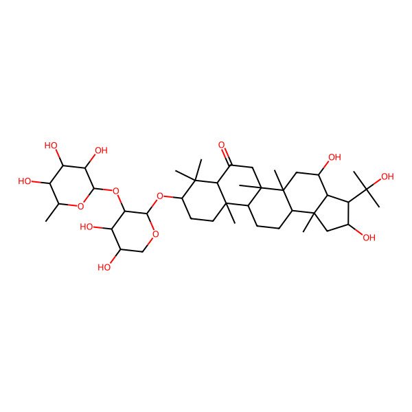 2D Structure of (2S,3S,3aS,4S,5aR,5bR,7aR,9S,11aR,11bR,13aR,13bR)-9-[(2S,3R,4S,5R)-4,5-dihydroxy-3-[(2S,3R,4R,5R,6S)-3,4,5-trihydroxy-6-methyloxan-2-yl]oxyoxan-2-yl]oxy-2,4-dihydroxy-3-(2-hydroxypropan-2-yl)-5a,5b,8,8,11a,13b-hexamethyl-2,3,3a,4,5,6,7a,9,10,11,11b,12,13,13a-tetradecahydro-1H-cyclopenta[a]chrysen-7-one