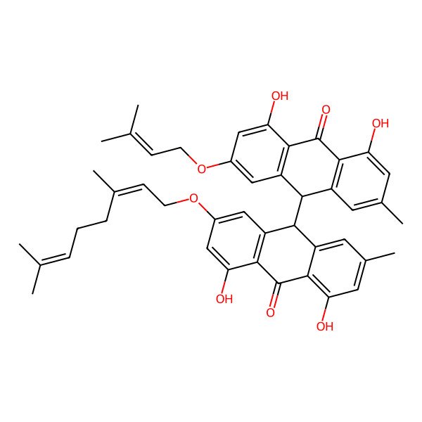 2D Structure of 10-[2-(3,7-dimethylocta-2,6-dienoxy)-4,5-dihydroxy-7-methyl-10-oxo-9H-anthracen-9-yl]-1,8-dihydroxy-3-methyl-6-(3-methylbut-2-enoxy)-10H-anthracen-9-one