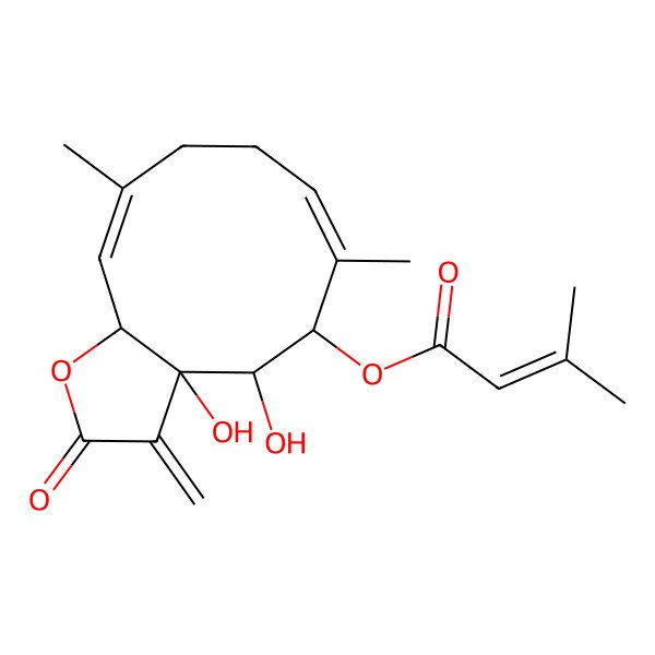 2D Structure of [(3aS,4S,5R,6E,10E,11aS)-3a,4-dihydroxy-6,10-dimethyl-3-methylidene-2-oxo-5,8,9,11a-tetrahydro-4H-cyclodeca[b]furan-5-yl] 3-methylbut-2-enoate