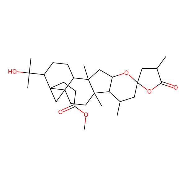 2D Structure of methyl 3-[(6R,8S,11R,15S)-5-(2-hydroxypropan-2-yl)-1,4',11,13-tetramethyl-5'-oxospiro[16-oxapentacyclo[9.7.0.02,8.06,8.012,17]octadecane-15,2'-oxolane]-6-yl]propanoate