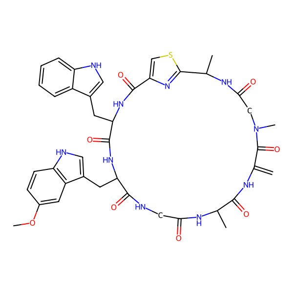 2D Structure of 4-(1H-Indol-3-ylmethyl)-7-[(5-methoxy-1H-indol-3-yl)methyl]-13,18,22-trimethyl-16-methylidene-24-thia-3,6,9,12,15,18,21,26-octazabicyclo[21.2.1]hexacosa-1(25),23(26)-diene-2,5,8,11,14,17,20-heptone