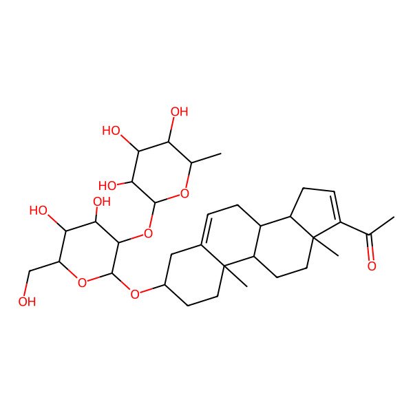 2D Structure of 1-[(3S,8R,9S,10R,13S,14S)-3-[(2R,3S,4S,5S,6S)-4,5-dihydroxy-6-(hydroxymethyl)-3-[(2S,3R,4S,5R,6S)-3,4,5-trihydroxy-6-methyloxan-2-yl]oxyoxan-2-yl]oxy-10,13-dimethyl-2,3,4,7,8,9,11,12,14,15-decahydro-1H-cyclopenta[a]phenanthren-17-yl]ethanone