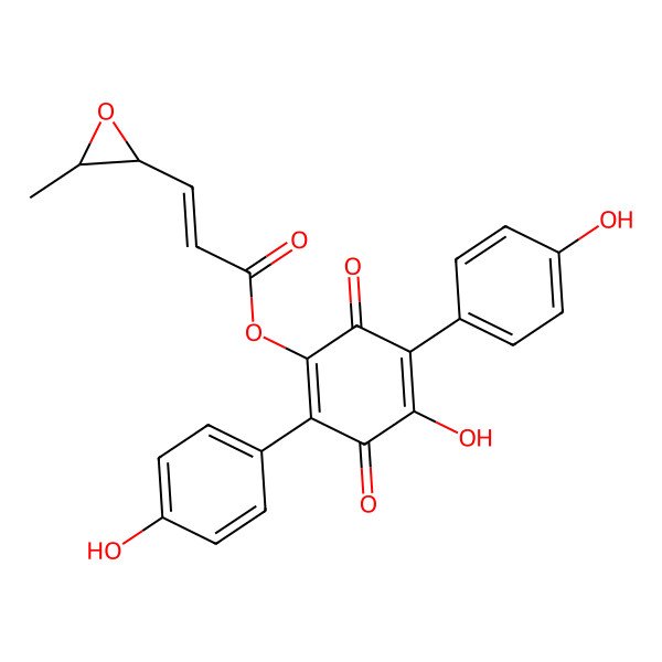 2D Structure of [4-hydroxy-2,5-bis(4-hydroxyphenyl)-3,6-dioxocyclohexa-1,4-dien-1-yl] (Z)-3-[(2S,3S)-3-methyloxiran-2-yl]prop-2-enoate