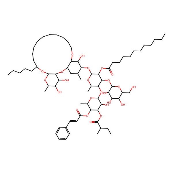 2D Structure of [(2S,3R,4R,5S,6S)-5-[(2S,3R,4S,5S,6S)-3-hydroxy-6-methyl-4-[(2S)-2-methylbutanoyl]oxy-5-[(E)-3-phenylprop-2-enoyl]oxyoxan-2-yl]oxy-6-methyl-2-[[(1S,3R,4S,5R,6R,8R,10S,22R,23R,24R,25S)-4,5,23-trihydroxy-6,25-dimethyl-10-pentyl-2,7,9,21-tetraoxatricyclo[20.4.0.03,8]hexacosan-24-yl]oxy]-4-[(2S,3R,4S,5S,6R)-3,4,5-trihydroxy-6-(hydroxymethyl)oxan-2-yl]oxyoxan-3-yl] dodecanoate