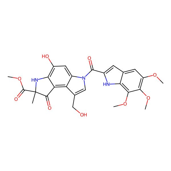 2D Structure of methyl 4-hydroxy-8-(hydroxymethyl)-2-methyl-1-oxo-6-(5,6,7-trimethoxy-1H-indole-2-carbonyl)-3H-pyrrolo[3,2-e]indole-2-carboxylate