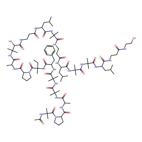 2D Structure of 1-(2-acetamido-2-methylpropanoyl)-N-[1-[[1-[[1-[[1-[[1-[2-[[1-[[3-hydroxy-4-[[3-[[1-[[1-[[3-[[1-[[1-[[1-[[1-[[3-(2-hydroxyethylamino)-3-oxopropyl]amino]-4-methyl-1-oxopentan-2-yl]amino]-2-methyl-1-oxopropan-2-yl]amino]-2-methyl-1-oxopropan-2-yl]amino]-4-methyl-1-oxopentan-2-yl]amino]-3-oxopropyl]amino]-2-methyl-1-oxopropan-2-yl]amino]-4-methyl-1-oxopentan-2-yl]amino]-3-oxopropyl]amino]-2-methyl-4-oxobutan-2-yl]amino]-1-oxopropan-2-yl]carbamoyl]pyrrolidin-1-yl]-2-methyl-1-oxobutan-2-yl]amino]-1-oxo-3-phenylpropan-2-yl]amino]-2-methyl-1-oxopropan-2-yl]amino]-2-methyl-1-oxopropan-2-yl]amino]-1-oxopropan-2-yl]pyrrolidine-2-carboxamide