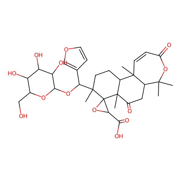 2D Structure of (2'R,5aS,7aR,8S,9S,11aR,11bR)-9-[(S)-furan-3-yl-[(2R,3R,4S,5S,6R)-3,4,5-trihydroxy-6-(hydroxymethyl)oxan-2-yl]oxymethyl]-5,5,7a,9,11b-pentamethyl-3,7-dioxospiro[6,10,11,11a-tetrahydro-5aH-benzo[g][2]benzoxepine-8,3'-oxirane]-2'-carboxylic acid