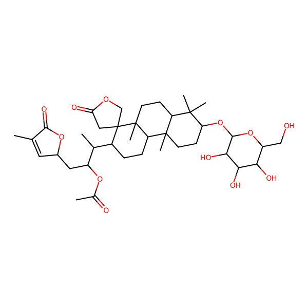 2D Structure of [(2S,3R)-3-[(1S,2R,4aR,4bR,7S,8aR,10aR)-4b,8,8,10a-tetramethyl-2'-oxo-7-[(2R,3R,4S,5S,6R)-3,4,5-trihydroxy-6-(hydroxymethyl)oxan-2-yl]oxyspiro[2,3,4,4a,5,6,7,8a,9,10-decahydrophenanthrene-1,4'-oxolane]-2-yl]-1-[(2R)-4-methyl-5-oxo-2H-furan-2-yl]butan-2-yl] acetate