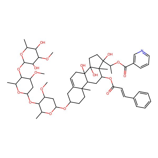 2D Structure of [(1S)-1-[(3S,8S,9R,10R,12R,13R,14R,17R)-3-[(2R,4S,5R,6R)-5-[(2S,4R,5R,6R)-5-[(2S,3R,4S,5R,6R)-3,5-dihydroxy-4-methoxy-6-methyloxan-2-yl]oxy-4-methoxy-6-methyloxan-2-yl]oxy-4-methoxy-6-methyloxan-2-yl]oxy-8,14,17-trihydroxy-10,13-dimethyl-12-[(E)-3-phenylprop-2-enoyl]oxy-1,2,3,4,7,9,11,12,15,16-decahydrocyclopenta[a]phenanthren-17-yl]ethyl] pyridine-3-carboxylate
