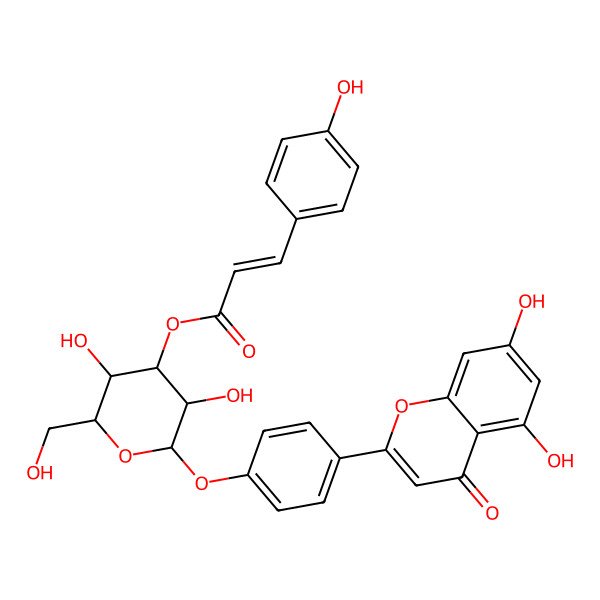 2D Structure of [(2S,3R,4S,5R,6R)-2-[4-(5,7-dihydroxy-4-oxochromen-2-yl)phenoxy]-3,5-dihydroxy-6-(hydroxymethyl)oxan-4-yl] (E)-3-(4-hydroxyphenyl)prop-2-enoate