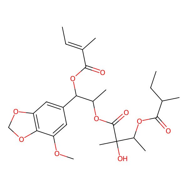 2D Structure of [(1R,2S)-1-(7-methoxy-1,3-benzodioxol-5-yl)-1-[(Z)-2-methylbut-2-enoyl]oxypropan-2-yl] (2S,3R)-2-hydroxy-2-methyl-3-[(2R)-2-methylbutanoyl]oxybutanoate
