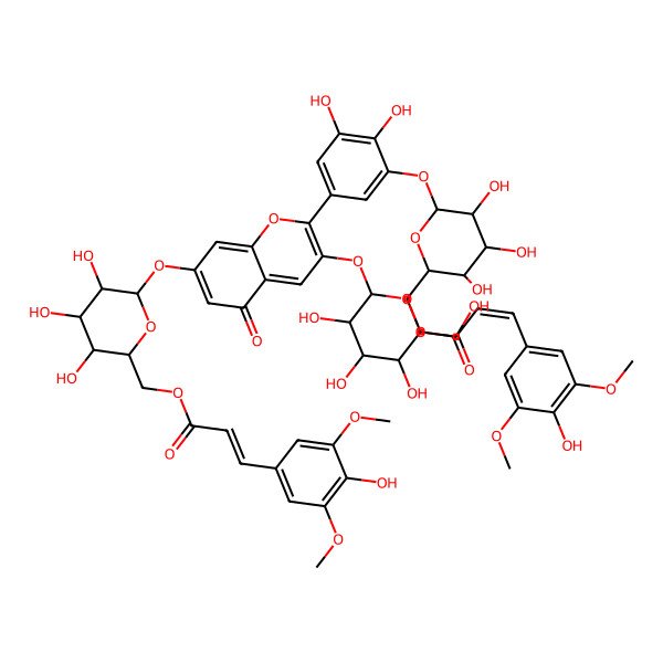2D Structure of [(2S,3S,4S,5S,6S)-6-[2-[3,4-dihydroxy-5-[(2S,3R,4S,5S,6R)-3,4,5-trihydroxy-6-[3-(4-hydroxy-3,5-dimethoxyphenyl)prop-2-enoyloxymethyl]oxan-2-yl]oxyphenyl]-5-oxo-3-[(2S,3R,4S,5S,6R)-3,4,5-trihydroxy-6-(hydroxymethyl)oxan-2-yl]oxychromen-7-yl]oxy-3,4,5-trihydroxyoxan-2-yl]methyl 3-(4-hydroxy-3,5-dimethoxyphenyl)prop-2-enoate