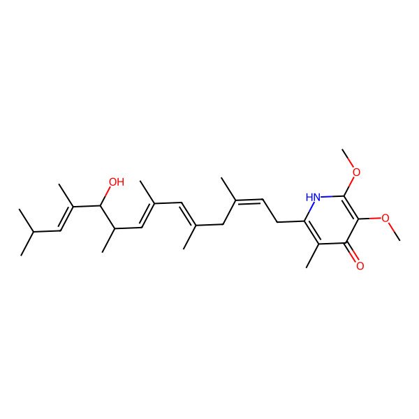 2D Structure of 2-(10-hydroxy-3,5,7,9,11,13-hexamethyltetradeca-2,5,7,11-tetraenyl)-5,6-dimethoxy-3-methyl-1H-pyridin-4-one