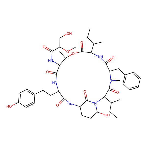 2D Structure of N-[5-benzyl-2,8-di(butan-2-yl)-21-hydroxy-15-[2-(4-hydroxyphenyl)ethyl]-4,11-dimethyl-3,6,9,13,16,22-hexaoxo-10-oxa-1,4,7,14,17-pentazabicyclo[16.3.1]docosan-12-yl]-3-hydroxy-2-methoxypropanamide