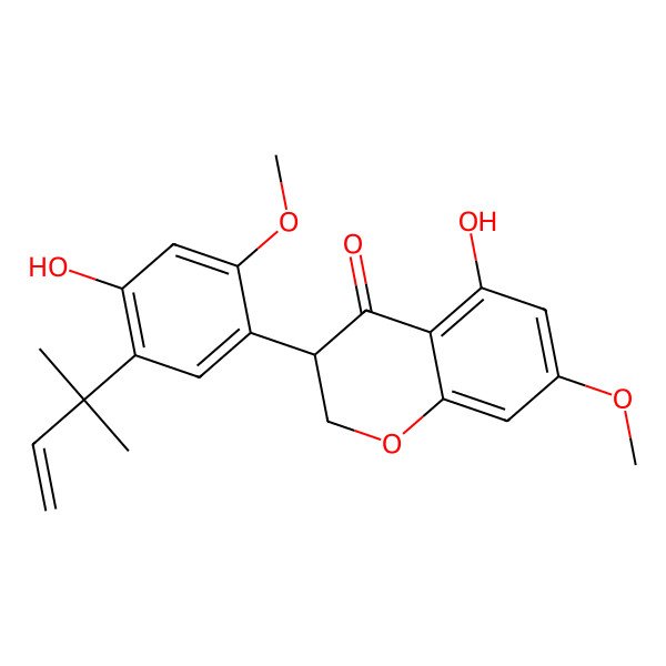 2D Structure of (3R)-5-hydroxy-3-[4-hydroxy-2-methoxy-5-(2-methylbut-3-en-2-yl)phenyl]-7-methoxy-2,3-dihydrochromen-4-one