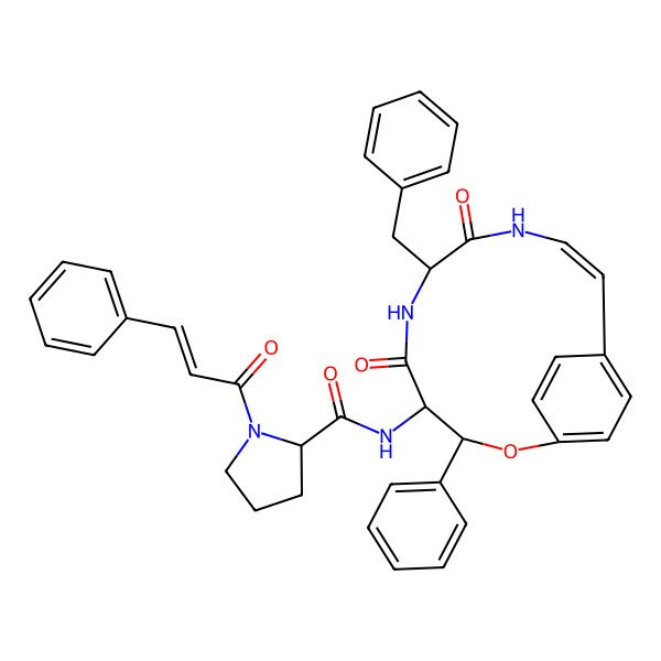 2D Structure of N-(7-benzyl-5,8-dioxo-3-phenyl-2-oxa-6,9-diazabicyclo[10.2.2]hexadeca-1(14),10,12,15-tetraen-4-yl)-1-(3-phenylprop-2-enoyl)pyrrolidine-2-carboxamide