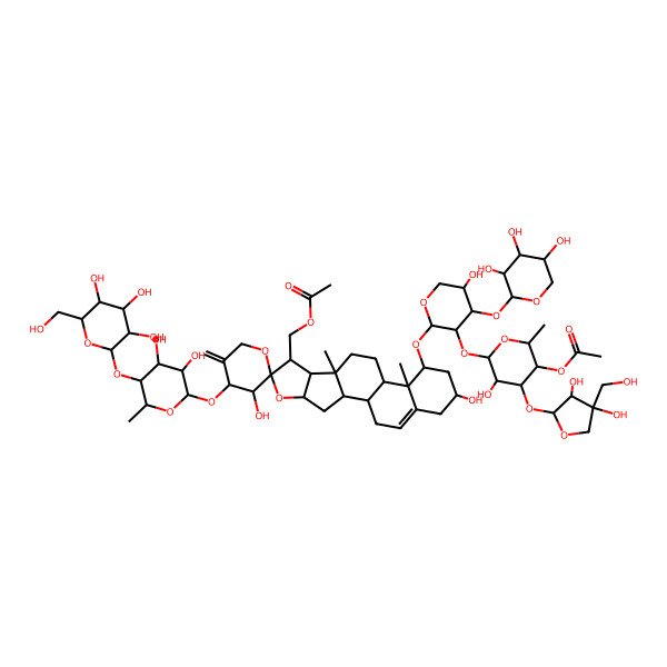 2D Structure of [(1S,2S,3'R,4R,4'R,6R,7R,8R,9R,12R,13R,14R,16R)-14-[(2R,3R,4S,5R)-3-[(2R,3R,4S,5R,6R)-5-acetyloxy-4-[(2R,3R,4S)-3,4-dihydroxy-4-(hydroxymethyl)oxolan-2-yl]oxy-3-hydroxy-6-methyloxan-2-yl]oxy-5-hydroxy-4-[(2R,3R,4S,5S)-3,4,5-trihydroxyoxan-2-yl]oxyoxan-2-yl]oxy-4'-[(2R,3R,4R,5S,6S)-3,4-dihydroxy-6-methyl-5-[(2R,3R,4S,5R,6S)-3,4,5-trihydroxy-6-(hydroxymethyl)oxan-2-yl]oxyoxan-2-yl]oxy-3',16-dihydroxy-9,13-dimethyl-5'-methylidenespiro[5-oxapentacyclo[10.8.0.02,9.04,8.013,18]icos-18-ene-6,2'-oxane]-7-yl]methyl acetate