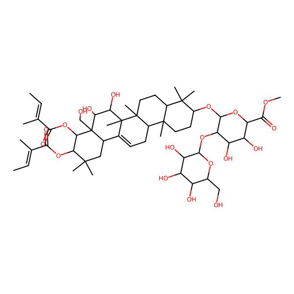 2D Structure of methyl (2S,3S,4S,5R,6R)-6-[[(3S,4aR,6aR,6bS,7R,8S,8aR,9R,10R,12aS,14aR,14bR)-7,8-dihydroxy-8a-(hydroxymethyl)-4,4,6a,6b,11,11,14b-heptamethyl-9,10-bis(2-methylbut-2-enoyloxy)-1,2,3,4a,5,6,7,8,9,10,12,12a,14,14a-tetradecahydropicen-3-yl]oxy]-3,4-dihydroxy-5-[(2S,3R,4S,5S,6R)-3,4,5-trihydroxy-6-(hydroxymethyl)oxan-2-yl]oxyoxane-2-carboxylate