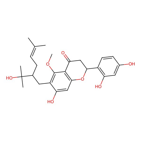 2D Structure of (2S)-2-(2,4-dihydroxyphenyl)-7-hydroxy-6-[(2S)-2-(2-hydroxypropan-2-yl)-5-methylhex-4-enyl]-5-methoxy-2,3-dihydrochromen-4-one