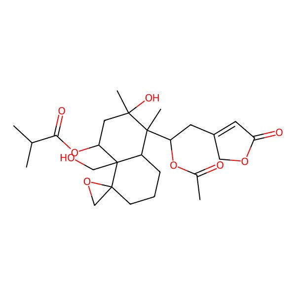 2D Structure of [(1S,3S,4S,4aR,8R,8aR)-4-[(1S)-1-acetyloxy-2-(5-oxo-2H-furan-3-yl)ethyl]-3-hydroxy-8a-(hydroxymethyl)-3,4-dimethylspiro[1,2,4a,5,6,7-hexahydronaphthalene-8,2'-oxirane]-1-yl] 2-methylpropanoate