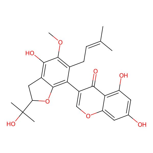 2D Structure of 5,7-Dihydroxy-3-[4-hydroxy-2-(2-hydroxypropan-2-yl)-5-methoxy-6-(3-methylbut-2-enyl)-2,3-dihydro-1-benzofuran-7-yl]chromen-4-one