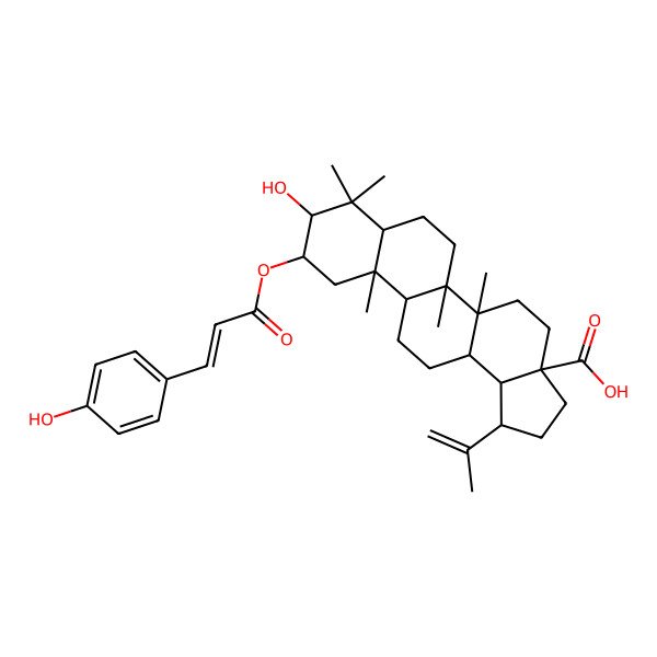 2D Structure of (1R,3aS,5aR,5bR,7aR,9R,10R,11aS,11bR,13aR,13bS)-9-hydroxy-10-[(E)-3-(4-hydroxyphenyl)prop-2-enoyl]oxy-5a,5b,8,8,11a-pentamethyl-1-prop-1-en-2-yl-1,2,3,4,5,6,7,7a,9,10,11,11b,12,13,13a,13b-hexadecahydrocyclopenta[a]chrysene-3a-carboxylic acid