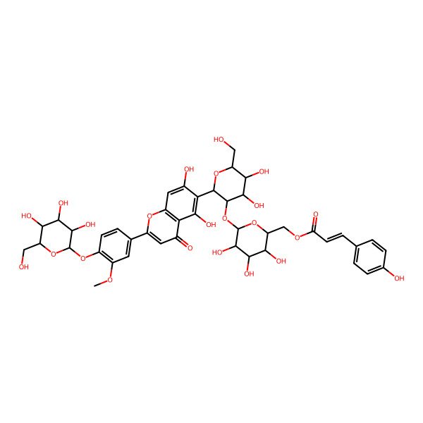 2D Structure of [(2R,3S,4S,5S,6R)-6-[(2S,3R,4R,5R,6S)-2-[5,7-dihydroxy-2-[3-methoxy-4-[(2R,3R,4S,5S,6S)-3,4,5-trihydroxy-6-(hydroxymethyl)oxan-2-yl]oxyphenyl]-4-oxochromen-6-yl]-4,5-dihydroxy-6-(hydroxymethyl)oxan-3-yl]oxy-3,4,5-trihydroxyoxan-2-yl]methyl (E)-3-(4-hydroxyphenyl)prop-2-enoate