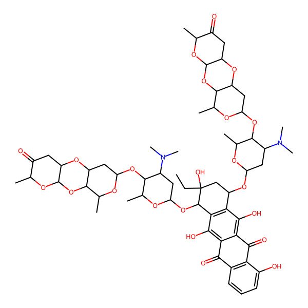 2D Structure of (7R,9S,10S)-7-[(2S,4R,5R,6S)-4-(dimethylamino)-5-[[(1S,3S,5S,8S,10S,12R,14S)-5,14-dimethyl-6-oxo-2,4,9,13-tetraoxatricyclo[8.4.0.03,8]tetradecan-12-yl]oxy]-6-methyloxan-2-yl]oxy-10-[(2R,4S,5R,6R)-4-(dimethylamino)-5-[[(1R,3S,5R,8S,10R,12R,14R)-5,14-dimethyl-6-oxo-2,4,9,13-tetraoxatricyclo[8.4.0.03,8]tetradecan-12-yl]oxy]-6-methyloxan-2-yl]oxy-9-ethyl-4,6,9,11-tetrahydroxy-8,10-dihydro-7H-tetracene-5,12-dione