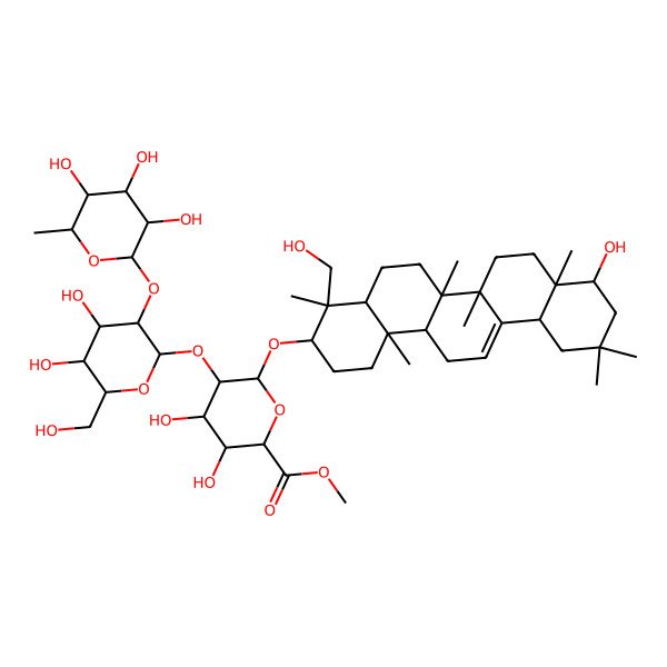 2D Structure of methyl (2S,3S,4S,5R,6R)-6-[[(3S,4S,4aR,6aR,6bS,8aR,9R,12aS,14aR,14bR)-9-hydroxy-4-(hydroxymethyl)-4,6a,6b,8a,11,11,14b-heptamethyl-1,2,3,4a,5,6,7,8,9,10,12,12a,14,14a-tetradecahydropicen-3-yl]oxy]-5-[(2S,3R,4S,5S,6R)-4,5-dihydroxy-6-(hydroxymethyl)-3-[(2S,3R,4R,5R,6S)-3,4,5-trihydroxy-6-methyloxan-2-yl]oxyoxan-2-yl]oxy-3,4-dihydroxyoxane-2-carboxylate