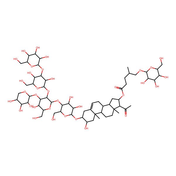 2D Structure of [(2R,3R,8S,9S,10R,13S,14S,16S,17R)-17-acetyl-3-[(2R,3R,4R,5R,6R)-5-[(2S,3R,4S,5R,6R)-3-[(2S,3R,4S,5R,6R)-3,5-dihydroxy-6-(hydroxymethyl)-4-[(2S,3R,4S,5S,6R)-3,4,5-trihydroxy-6-(hydroxymethyl)oxan-2-yl]oxyoxan-2-yl]oxy-5-hydroxy-6-(hydroxymethyl)-4-[(2S,3R,4S,5R)-3,4,5-trihydroxyoxan-2-yl]oxyoxan-2-yl]oxy-3,4-dihydroxy-6-(hydroxymethyl)oxan-2-yl]oxy-2-hydroxy-10,13-dimethyl-2,3,4,7,8,9,11,12,14,15,16,17-dodecahydro-1H-cyclopenta[a]phenanthren-16-yl] (4R)-4-methyl-5-[(2S,3R,4S,5S,6R)-3,4,5-trihydroxy-6-(hydroxymethyl)oxan-2-yl]oxypentanoate