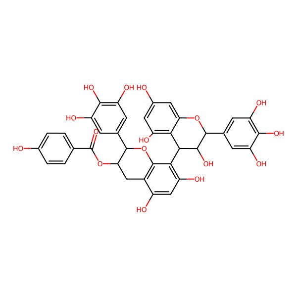 2D Structure of [(2R,3R)-5,7-dihydroxy-2-(3,4,5-trihydroxyphenyl)-8-[(2R,3S,4S)-3,5,7-trihydroxy-2-(3,4,5-trihydroxyphenyl)-3,4-dihydro-2H-chromen-4-yl]-3,4-dihydro-2H-chromen-3-yl] 4-hydroxybenzoate