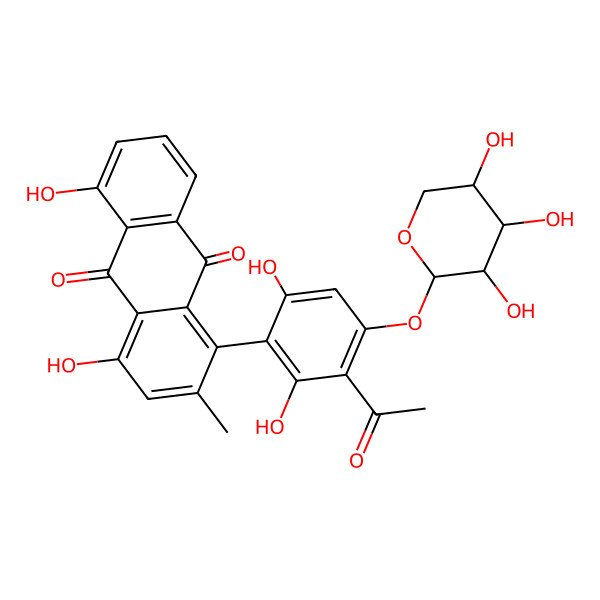 2D Structure of 1-[3-acetyl-2,6-dihydroxy-4-[(2S,3S,4S,5S)-3,4,5-trihydroxyoxan-2-yl]oxyphenyl]-4,5-dihydroxy-2-methylanthracene-9,10-dione