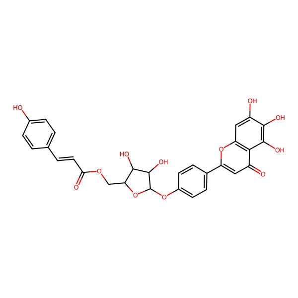2D Structure of [(2S,3R,4R,5S)-3,4-dihydroxy-5-[4-(5,6,7-trihydroxy-4-oxochromen-2-yl)phenoxy]oxolan-2-yl]methyl (E)-3-(4-hydroxyphenyl)prop-2-enoate
