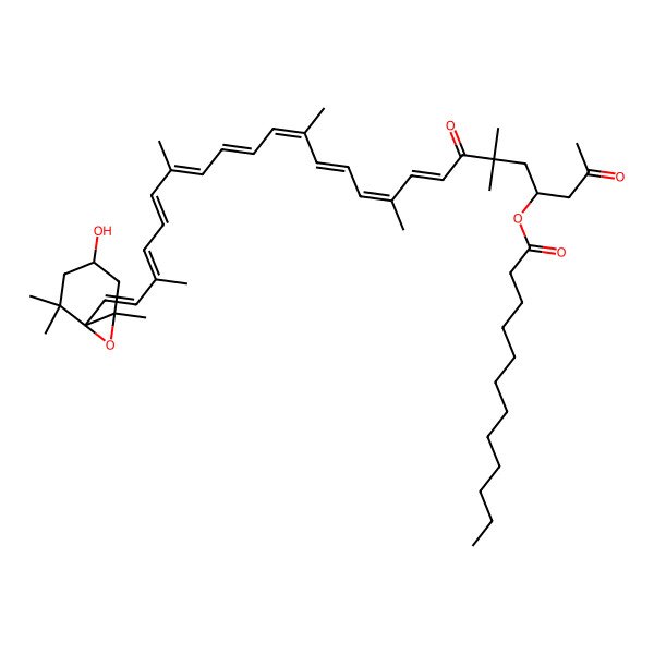 2D Structure of [(4S,8E,10E,12E,14E,16E,18E,20E,22Z,24E)-25-[(1S,4S,6R)-4-hydroxy-2,2,6-trimethyl-7-oxabicyclo[4.1.0]heptan-1-yl]-6,6,10,14,19,23-hexamethyl-2,7-dioxopentacosa-8,10,12,14,16,18,20,22,24-nonaen-4-yl] dodecanoate