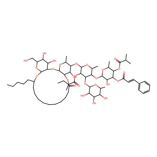 2D Structure of [5-[3-Hydroxy-6-methyl-5-(2-methylpropanoyloxy)-4-(3-phenylprop-2-enoyloxy)oxan-2-yl]oxy-6-methyl-2-[[7,25,26-trihydroxy-24-(hydroxymethyl)-5-methyl-10-oxo-20-pentyl-2,4,9,21,23-pentaoxatricyclo[20.4.0.03,8]hexacosan-6-yl]oxy]-4-(3,4,5-trihydroxy-6-methyloxan-2-yl)oxyoxan-3-yl] 2-methylbutanoate