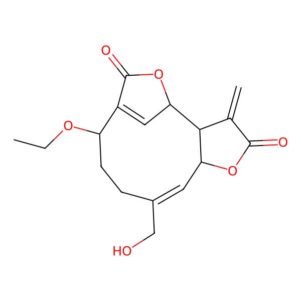 2D Structure of (1R,2S,6S,7E,11S)-11-ethoxy-8-(hydroxymethyl)-3-methylidene-5,14-dioxatricyclo[10.2.1.02,6]pentadeca-7,12(15)-diene-4,13-dione