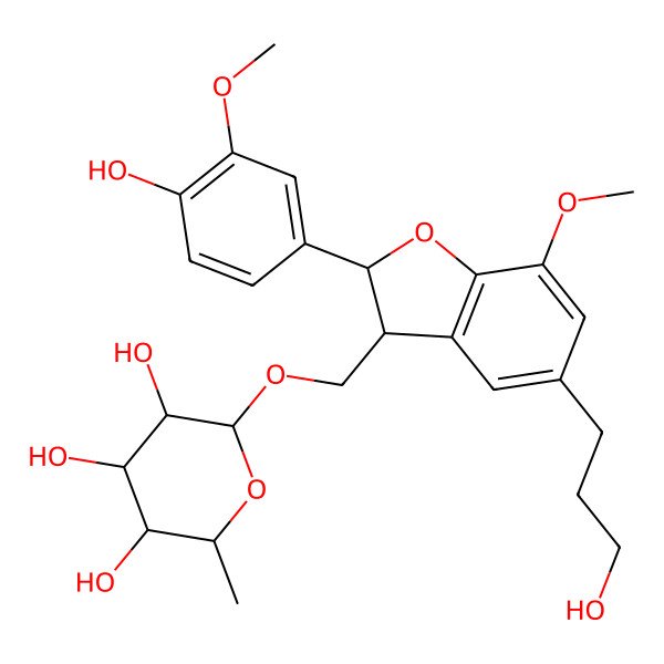 2D Structure of 2-[[2-(4-Hydroxy-3-methoxyphenyl)-5-(3-hydroxypropyl)-7-methoxy-2,3-dihydro-1-benzofuran-3-yl]methoxy]-6-methyloxane-3,4,5-triol