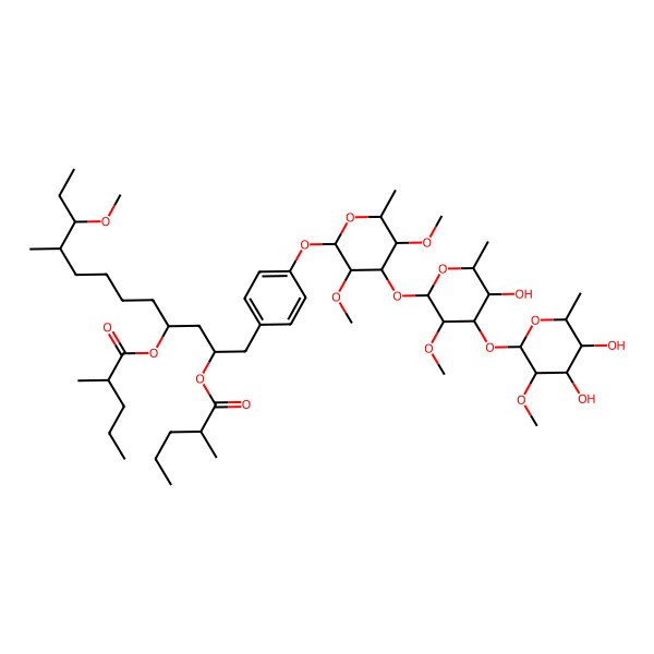 2D Structure of [1-[4-[(2R,5R)-4-[(2R,5R)-4-[(2R,5R)-4,5-dihydroxy-3-methoxy-6-methyloxan-2-yl]oxy-5-hydroxy-3-methoxy-6-methyloxan-2-yl]oxy-3,5-dimethoxy-6-methyloxan-2-yl]oxyphenyl]-10-methoxy-9-methyl-2-(2-methylpentanoyloxy)dodecan-4-yl] 2-methylpentanoate