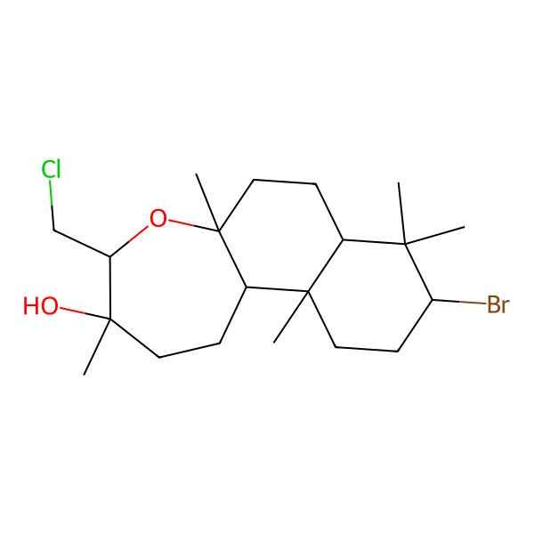 2D Structure of (3S,4R,5aS,7aS,9R,11aR,11bS)-9-bromo-4-(chloromethyl)-3,5a,8,8,11a-pentamethyl-1,2,4,6,7,7a,9,10,11,11b-decahydronaphtho[2,1-b]oxepin-3-ol