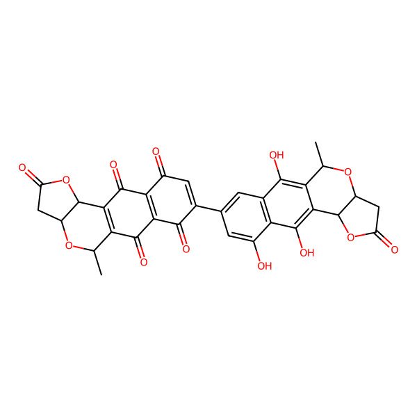2D Structure of (11S,15S,17S)-17-methyl-5-[(11S,15S,17S)-2,7,9-trihydroxy-17-methyl-13-oxo-12,16-dioxatetracyclo[8.7.0.03,8.011,15]heptadeca-1,3(8),4,6,9-pentaen-5-yl]-12,16-dioxatetracyclo[8.7.0.03,8.011,15]heptadeca-1(10),3(8),5-triene-2,4,7,9,13-pentone